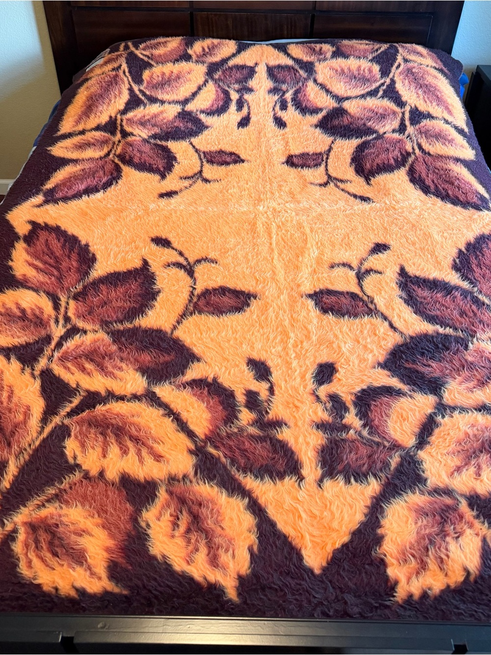 Vintage Japanese Reversible Blanket Brown Orange Leaf Retro Soviet Era 80s